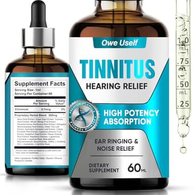 Owe Uself Tinnitus Relief for Ringing Ears, Fast-Acting Tinnitus Relief Drops - Natural Ear Care Solution to Reduce Ringing & Buzzing, Promotes Auditory Clarity & Comfort for Men & Women, 60ml
