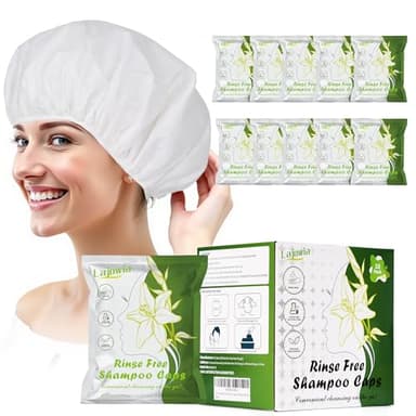 Lajowia 10 Pack Shampoo Caps No Need Rinse, Waterless Shampoo Cap Hair Wash for Bedridden Patients Elderly for Post Surgery, Hospital, Camping，Rinse Free Caps Easy to Carry (Need 130ML Water)
