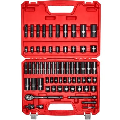 VEVOR Impact Socket Set 3/8" Drive, 64-Piece Standard SAE (5/16 to 1 inch) & Metric (6 to 24 mm) Size, Deep & Shallow, 6 Point, CR-V, Ratchet Handle, Extension Bars, Universal Joint, Adapters