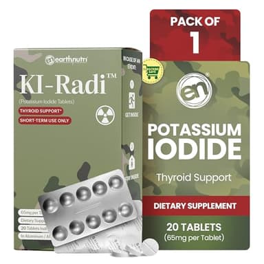 EarthNutri KI-Radi™ Potassium Iodide Tablets 65 mg – High Potency Iodine Supplement for Thyroid Support, Emergency Preparedness – Potassium Supplement in Foil-Foil Blister Seal – 20 Tablets (1 Pack)