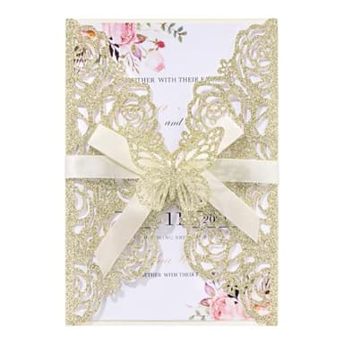 Maffily 50PCS Gold Glitter Laser Cut Wedding Invitation with Butterfly Ribbons Hollow Rose Shape Wedding Invitations with Envelopes and Rsvp Cards for Bridal Shower QuinceañEra Engagement Anniversary