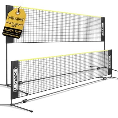 BOULDER Portable Badminton Pickleball Net - Foldable / Extendable Poles for Multiple Sports Heights (UP to 5 ft) - Ideal for Tennis, Pickleball, Soccer Tennis - Easy Setup (Black, 17 FT)