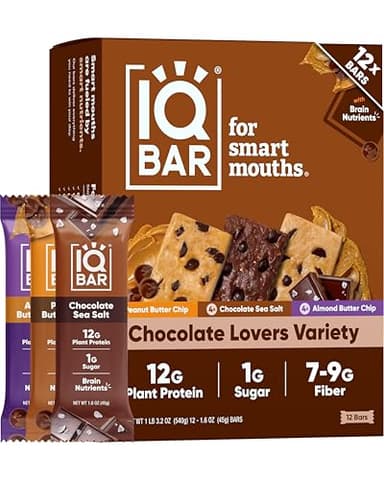 IQBAR Clean Plant Protein Bars - Chocolate Lovers Variety - 12 Count - Keto, Vegan, High Fiber, Gluten and Dairy Free, Low Sugar Snack - Brain and Body Nutrients for Focus, Energy, Meal Replacement