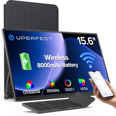 UPERFECT Wireless Portable Monitor with Battery 8000mAh, 15.6" 1080P Travel Monitor with Wireless Keyboard/Sleeve/Stand/VESA, External Second Screen for Laptop, PC, Phone, Support AirPlay Miracast