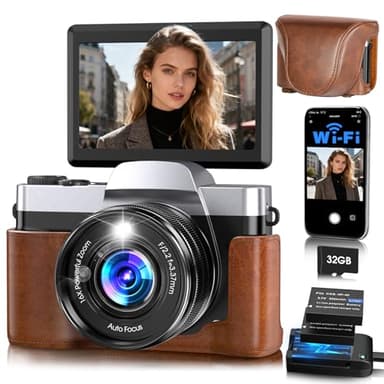 4K Digital Camera for Photography Autofocus, 64MP WiFi Vlogging Camera for YouTube with 3'' 180° Flip Screen,16X Zoom Anti-Shake, 32GB Card, Compact Travel Point and Shoot Digital Cameras (Brown)