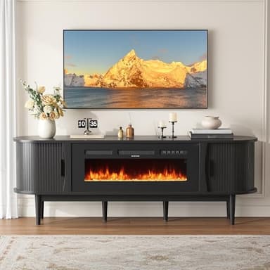 Decofy 70″ Fluted Fireplace TV Stand for 80″ TVs, Remote & Touch Control, Adjustable Flame Colors & Temperature Entertainment Center with Storage, Modern Media TV Console Table for Living Room (Black)