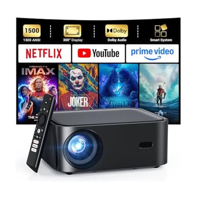 1500 ANSI lumens built-in streaming app full HD smart projector, HAPPRUN 4K projector, supports Wi-Fi and Bluetooth, Dolby audio, 300-inch large screen, suitable for home, outdoor, and indoor viewing