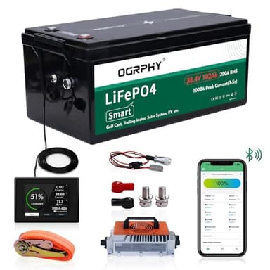 OGRPHY 36V Lithium Golf Cart Battery Conversion Kit, 200A BMS(1000A Peak Current), with Touch Monitor and 12V DC interface, 4000+ Cycles 36V Lithium Battery with Charger Perfect for Golf Carts(102AH)