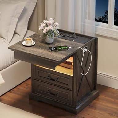 Dystler Night Stand with Gun Drawer, Bedside Table with LED Light & Human Sensor, Nightstand Gun Safe with 2 Drawers for Bedroom, Farmhouse End Table with Charger Station, Rustic Brown