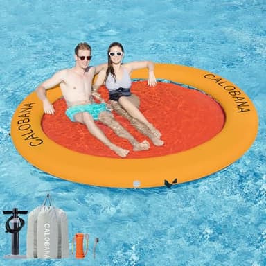 CALOBANA 8ft Heavy Duty Floating Ring, Round Inflatable Dock Water Hammock River Floats Lake Raft Island Platform for Adults Party Tanning Pool, Orange