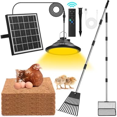 CraftyDream Solar Chicken Coop Light with Timer, 2 Pcs Adjustable Heavy Chicken Poop Scooper and 11 Tooth Coop Rake Set, 10 Pcs 11.8 x 11.8 Inch Natural Laying Hen Nesting Pads for Most Nesting Boxes