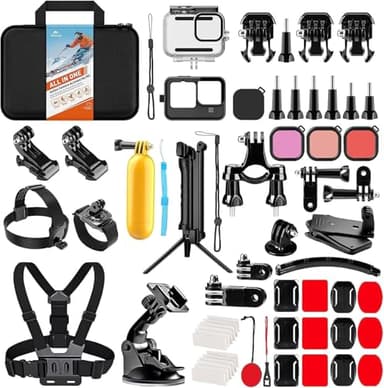 HONGDAK Action Camera Accessories Kit for GoPro Hero 12 11 10 9 Black, Waterproof Housing+Silicone Case+3Way Adjustable Arm+Head Chest Wrist Strap+Bike Mount+Suction Cup+Floating Grip Bundle Set 63in1