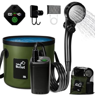 Portable Shower for Camping, 6000mAh Rechargeable Camping Shower with 5.3 Gallons Foldable Bucket, Filtered Shower Head, Outdoor Camp Shower Pump for Hiking, RV, Traveling, Car Washing, Pet Bath