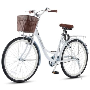 VIRIBUS Beach Cruiser Bike for Women, 24 inch Womens Bike with Basket & Rack 1 Speed, Retro Step Through Cruiser Bicycle for Petite Short Women Female Ladies City Commuter, White, 330 lb.
