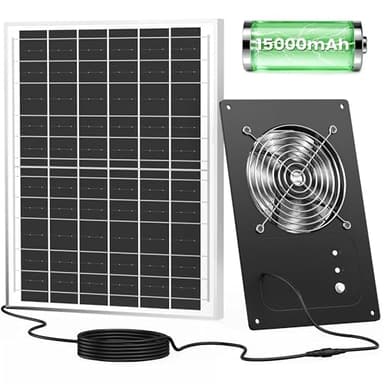 DSTANA Solar Fan for Chicken Coop with Battery and Timer, 25W 15000 mAh Solar Powered Exhaust Fan for Greenhouse, Outdoor, Shed, Vent, Doghouses, Windows, RV, High Wind Speed, Rainproof