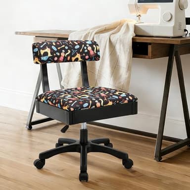Lessmore Adjustable Height Sewing and Crafting Chair with Wheels, Back Support, and Under Seat Storage - Perfect for Your Craft Room Furniture and Craft Machines (Pattern-Yellow)