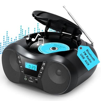 Greadio Boombox Portable CD Players for Home with Bluetooth, Boom Box CD Player FM Radio Combo, Stereo Sound, AC/Battery Powered, CD/CD-R/RW Compatible, Support AUX/USB/Headphone, Timer, Repeatable