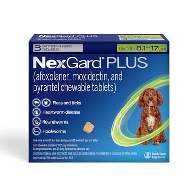 NexGard Plus (afoxolaner, moxidectin, and pyrantel) Flea and Tick Protection & Heartworm Preventive for Dogs Soft Beef Flavored Chewables, 8.1-17 lbs. (Green) 3 Chews (3 Month Supply)