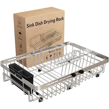 MAJALiS Dish Drying Rack Over The Sink, Expandable Stainless Steel Dish Drainer for Small Kitchen Counter Space Saving, RV Compact Plate Strainer In Silver Metal with Hanging Adjustable Utensil Holder