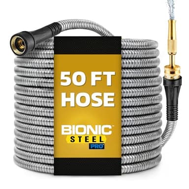 Bionic Steel PRO 50 Ft Metal Garden Hose with Nozzle, Water Hose Made from Heavy Duty 304 Stainless Steel, Flexible, Lightweight, Brass Fittings, Non Kinking, 500 PSI