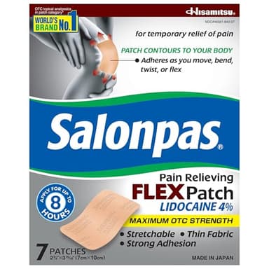 Salonpas Maximum OTC Strength Lidocaine 4% Pain Relieving Flex Patch, Apply for Up to 8 Hours, Unscented, Thin, Flexible, Lightweight, Patch Stays in Place, 7 Patches