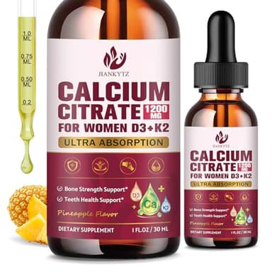 (2 Pack) Calcium Citrate with Vitamin D3 Liquid Drops for Women - Bones, Teeth, Immune Support, 1200mg Calcium Citrate Liquid Drops with Vitamin D3 K2, Vegan, Sugar-Free, 1 Fl Oz