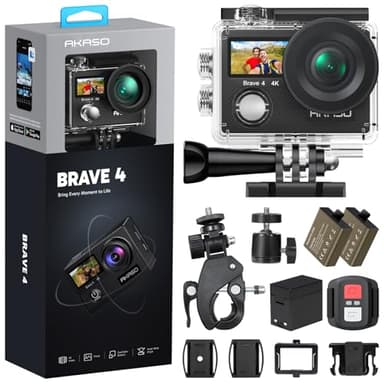 AKASO Brave 4 Action Camera 4K 30fps Ultra Hd Video 20MP Photo, EIS, WiFi Remote Control, 2X Batteries, Waterproof Underwater Camera for Snorkel, Travel, Motorcycle, Bicycle, Helmet Accessories Kit