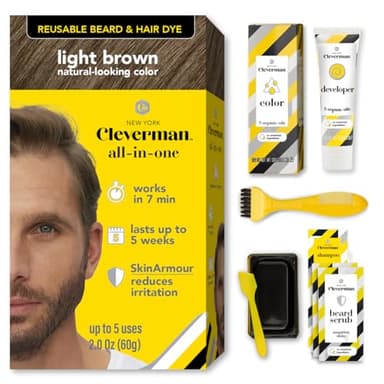 Reusable Hair & Beard Dye for Men – Light Brown | Up to 5 Uses, 7 Minutes | Natural Gray Coverage, No-Drip Cream with SkinArmour® – Cleverman