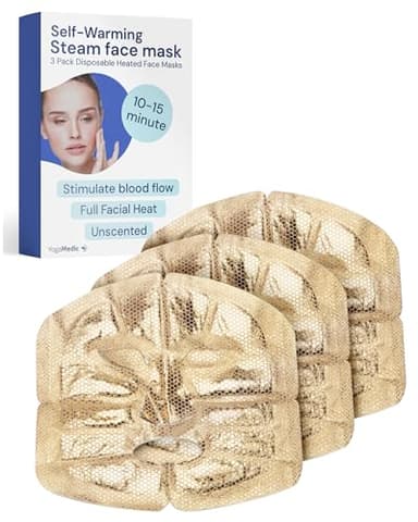 YOGAMEDIC Self Warming Steam Mask - Full-Face Facial Spa Disposable Face Heating Pad for Sinus Relaxation & Travel, Scent-Free Moist Heat Therapy, Sinus Pressure, Jaw Tension & Dry Skin, 3 Pack