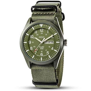 Infantry Mens Military Watch, Vietnam Style Field Watches for Men, Tactical 12/24H Military Time Analog Watch, Waterproof Day Date Quartz Wristwatch w/Green Nylon Band, Work Watch for Man