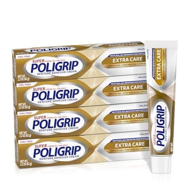 Poligrip Extra Care Denture Adhesive Cream, Strong All-Day Hold, Food Seal, Comfort, Clinically Proven, Flavor-Free, Zinc-Free - 2.2 oz (4 Pack)