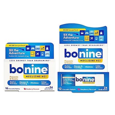 Bonine Non-Drowsy Motion Sickness Relief - Chewable Tablets with Meclizine HCL 25mg - Non Drowsy Medicine for Nausea or Motion Sickness - Cruise Essentials - Raspberry Flavor, 28 Chewable Tablets