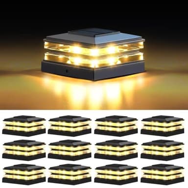 EXCMARK 4x4 Solar Post Cap Lights Outdoor Waterproof 12 Pack Fence Deck Post Lights with High-Brightness LEDs, Dual Light Modes Warm White & Cool White. (Classic Black, 12)