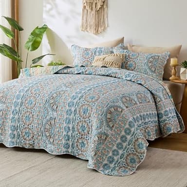 Qucover Oversized King Bedspread 138x122, Extra Wide Super King Quilt, 3 Pieces Soft Microfiber Lightweight Reversible Coverlet, Boho Style, Teal Blue, with Pillowcase