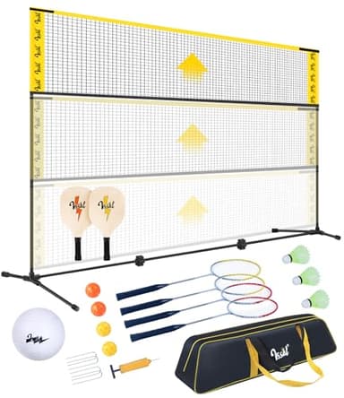 VSSAL 3-in-1 Portable Badminton, Volleyball & Pickleball Net Set for Adults, Adjustable Height 34"–7 ft for Backyards or Beach, Outdoor Sports Combo with Carry Bag, Rackets, Paddles & Balls (10 ft)