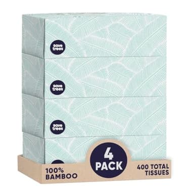Save Trees Bamboo Facial Tissues - 4 Boxes of Eco-Friendly, 3-Ply Hypoallergenic Tissues, 90 Sheets per Box, FSC Certified, Plastic-Free Packaging, Soft & Gentle for Home Use