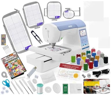 Brother PE900 Embroidery Machine Bundle - 5" x 7" Embroidery Field, Cuts Jump Stitches, Wireless LAN, Includes 4 Hoops, 20 Premium Threads, Stabilizer Sheets, 50,000+ Designs, Accessories & More