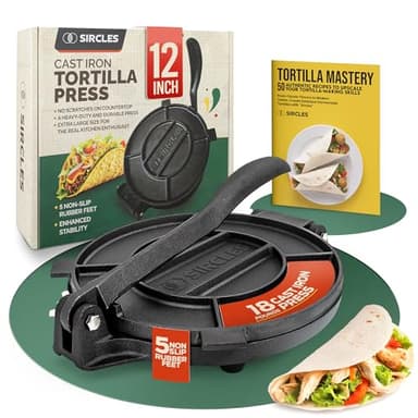 SIRCLES Tortilla Press 12 Inch Cast Iron - Extra Large, Heavy Duty 12 Inch Tortilla Press - Ebook Tortilla recipes - 5 Non-Slip Rubber Feet - Pre-Seasoned - Prensa Para Tortillas De 12 Pulgadas Grande