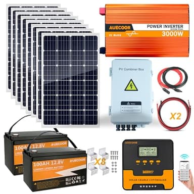 3000W 24V Solar Power System Complete Kit with 960W (8×120W) Solar Panel 3KW Peak 6KW Pure Sine Wave Inverter, 2.56KWH LifePO4 Battery,PV Combiner Box,MPPT Solar Controller 60A,Off-Grid Home RV Backup