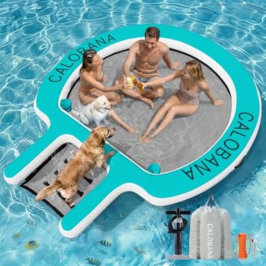 CALOBANA 8FT Water Hammock with Ramp, Inflatable Round Floating Ring with Ladder for Adults Pets, Heavy Duty Floating Dock with Dog Ramp Cup Holder Tanning Raft for Lake, River, or Boat Party