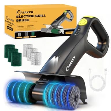 Saker Electric Grill Brush for Outdoor Grill, Bristle-Free Automatic Grill Cleaning Brush with 450 RPM & LED Light, Grill Rescue BBQ Brush Set with 3 Interchangeable Heads
