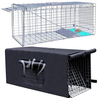Live Animal Trap Cage with Cover, Cat Trap for Stray Cats 32 Inch Heavy Duty Folding Skunk Traps with Real Door for Raccoons, Opossums, Groundhogs, Skunks, Feral Cats, Squirrels-(32 x 10 x 12 inches)