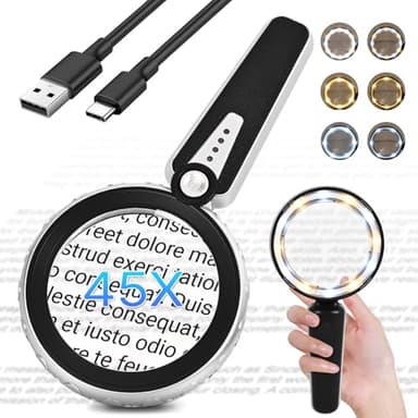 Magnus Opus 45X Magnifying Glass with Light, 4.6-Inch 1200mAh USB Rechargeable, 6 Color Modes for Low Vision Seniors, Reading, Jewelry & Coin Appraisal - Black Silver