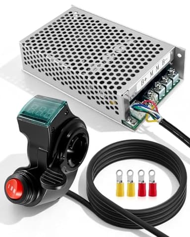 PWM DC Motor Speed Controller with Thumb Throttle, 10-50V 60A Controller with Forward/Reverse Switch, Real-Time Voltage Display, Built-in Cooling Fan, Fuse Protection, for DC Motors, Bikes, Scooters