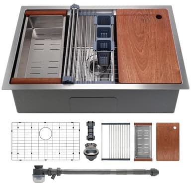 SANYCASA 32" x 19" Multifunctional Undermount Workstation Kitchen Sink S304 Stainless Steel Handmade Modern Single Bowl Kitchen Sink with Accessories and Integrated