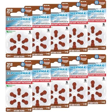 Powermax Size 312 Hearing Aid Batteries, 60 Count Long-Lasting Battery Pack, Brown Long Tab for Easy Change