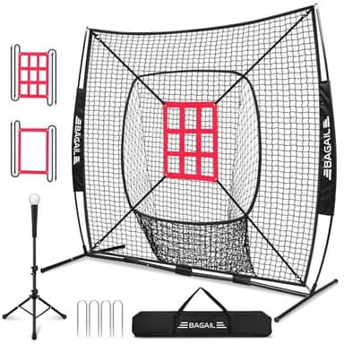BAGAIL 7x7 ft Extra Large Baseball & Softball Training Net with Batting Tee, Heavy Duty Reinforced Steel Frame, Oversized Hitting Zone for All Levels, Portable Backstop with Carry Bag