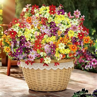 LumBelle Artificial Flowers for Outdoors, Durable UV Resistant Artificial Outdoor Flowers, Colorful Mix Faux Daisy with Eucalyptus Leaves for Planters Porches Patios Yards Decor