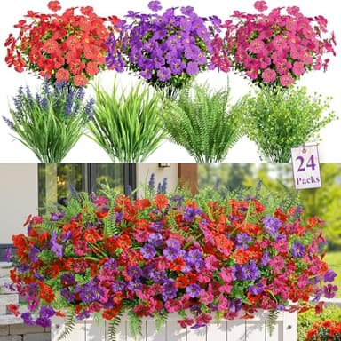 Alupssuc 24 Bundles Artificial Flowers for Outdoors Planters Spring Decoration, UV Resistant Faux Eucalyptus Violet and Lavender Silk Fake Plants for Outside Indoor Yard Home Patio Decor, Mix 3 Colors