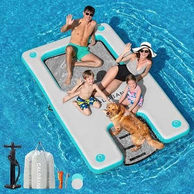 CALOBANA Inflatable Floating Dock with Boat Ramp,Lake Floats with Mesh,Tanning Pool Lounger Water Hammock for Family Party Pool Sea River Dock Boat,Grey+Mint Green